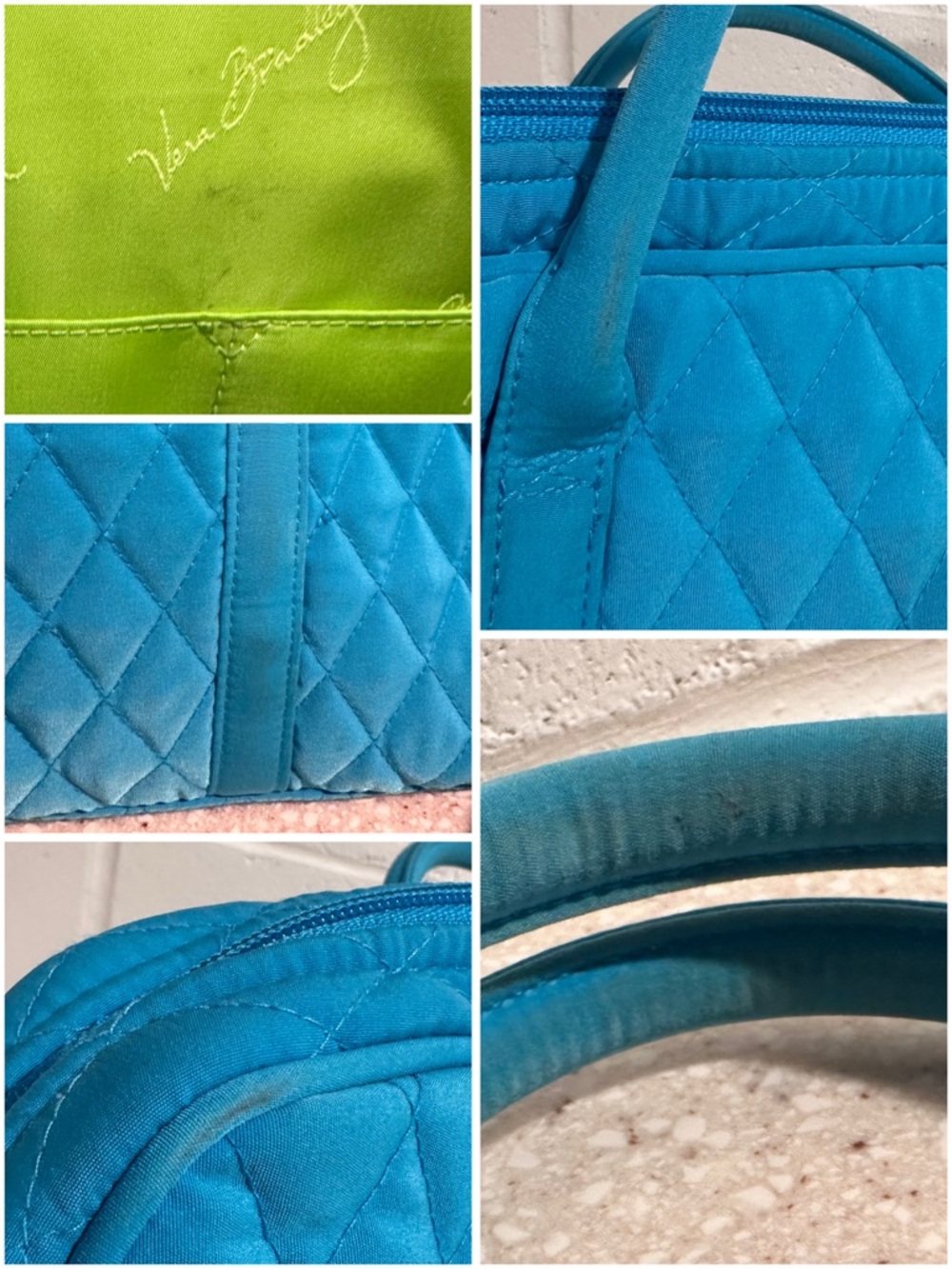 Vera Bradley Large Laptop Bag Microfiber Quilted Blue Travel Tote Aqua Turquoise - Picture 11 of 15